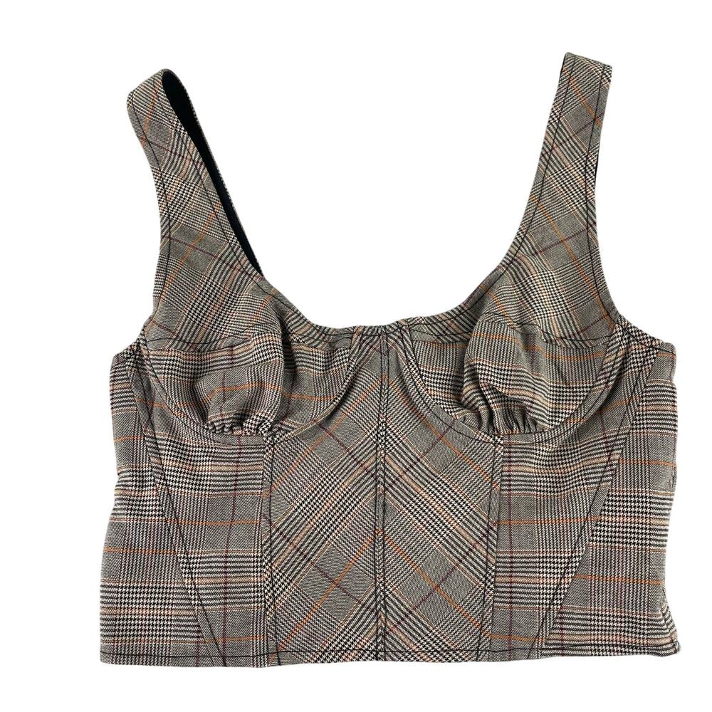 Free People Brown Houndstooth Plaid Corset Crop Top Women's Medium